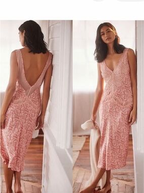 Anthropologie Pink Lace-Patterned  Le Cerise Midi Dress with V-Neck & Low Back